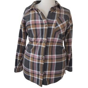 Maurices XXL Fleece Plaid Shacket Pink Grey Brown Button Front Shirt Jacket